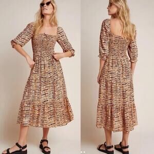 Faithfull x Anthropologie Wyldie Tiger Print Puff Sleeve Tiered Midi Dress XL